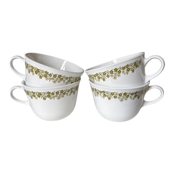 Corelle White Green Crazy Daisy Floral Coffee Tea Cup Mugs Set of 4 Made in USA - Picture 1 of 6